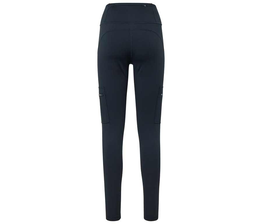 Granatowe legginsy z kieszeniami na udach, widok z tyłu.