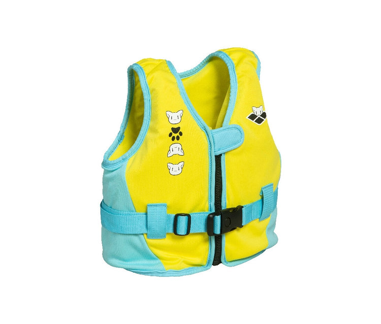 Żółto-turkusowa dziecięca kamizelka wypornościowa arena Friends z zamkiem błyskawicznym i nadrukiem łap.
