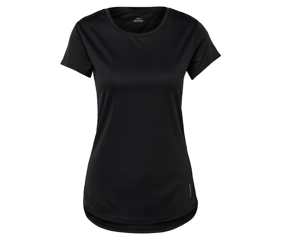 Czarna koszulka sportowa z krótkim rękawem na białym tle.