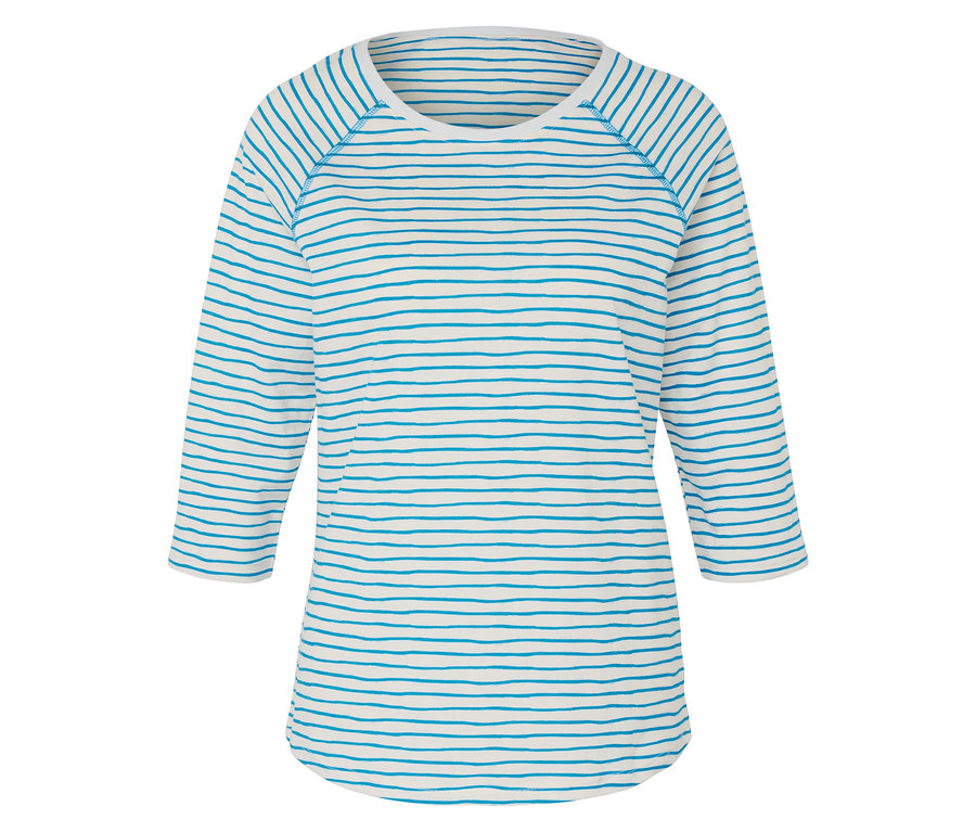 Pasiasta, kremowa bluzka z rękawami trzy czwarte i niebiesko-zielonymi paskami.