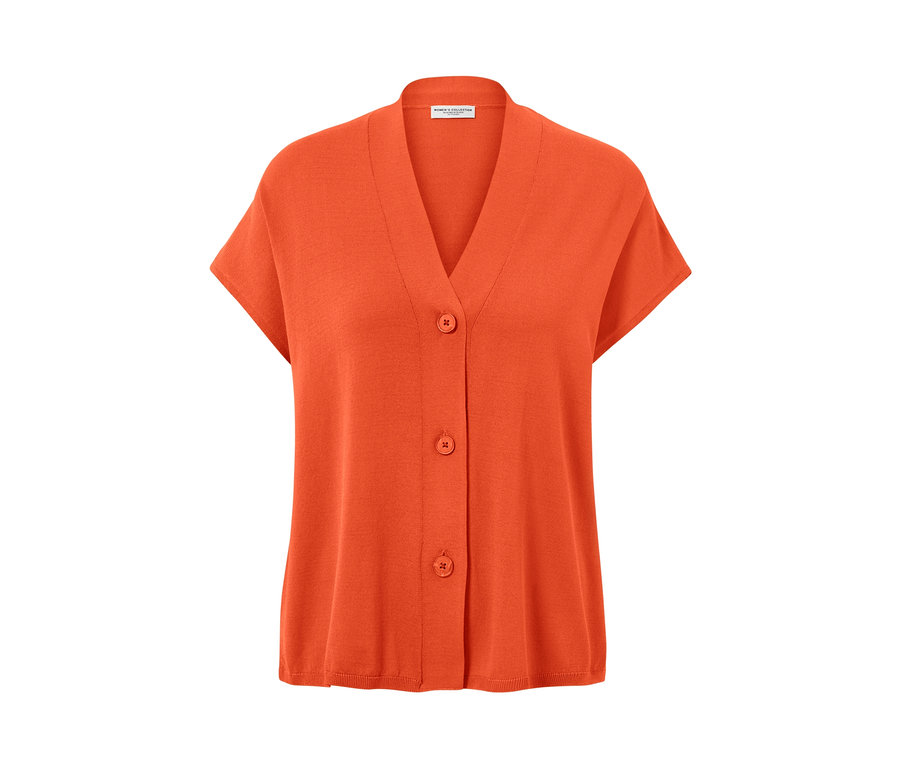 Pomarańczowy kardigan z krótkim rękawem zapinany na trzy guziki.