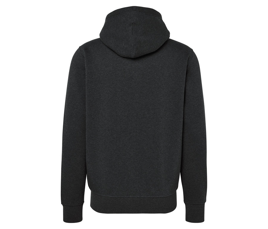 Widok z tyłu ciemnoszarej bluzy z kapturem.