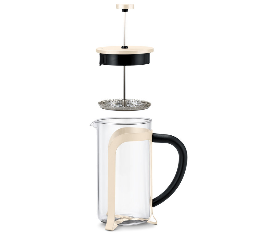 Rozłożony zaparzacz tłokowy o pojemności 800 ml na 6 filiżanek w kolorze beżowym.