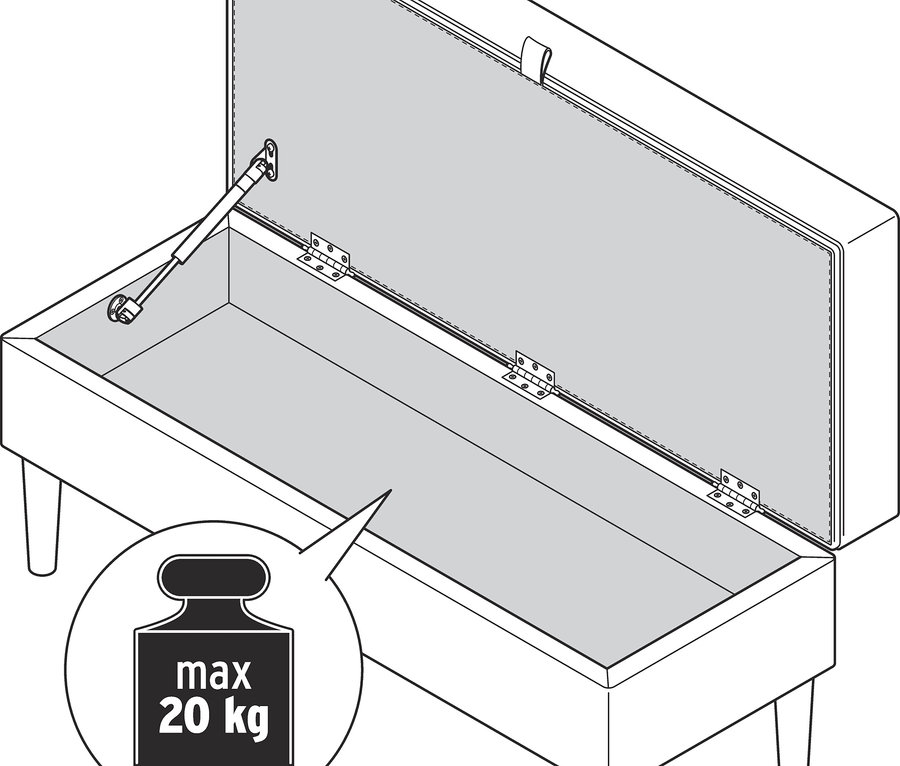 Ilustracja otwartej ławki tapicerowanej z miejscem do przechowywania.