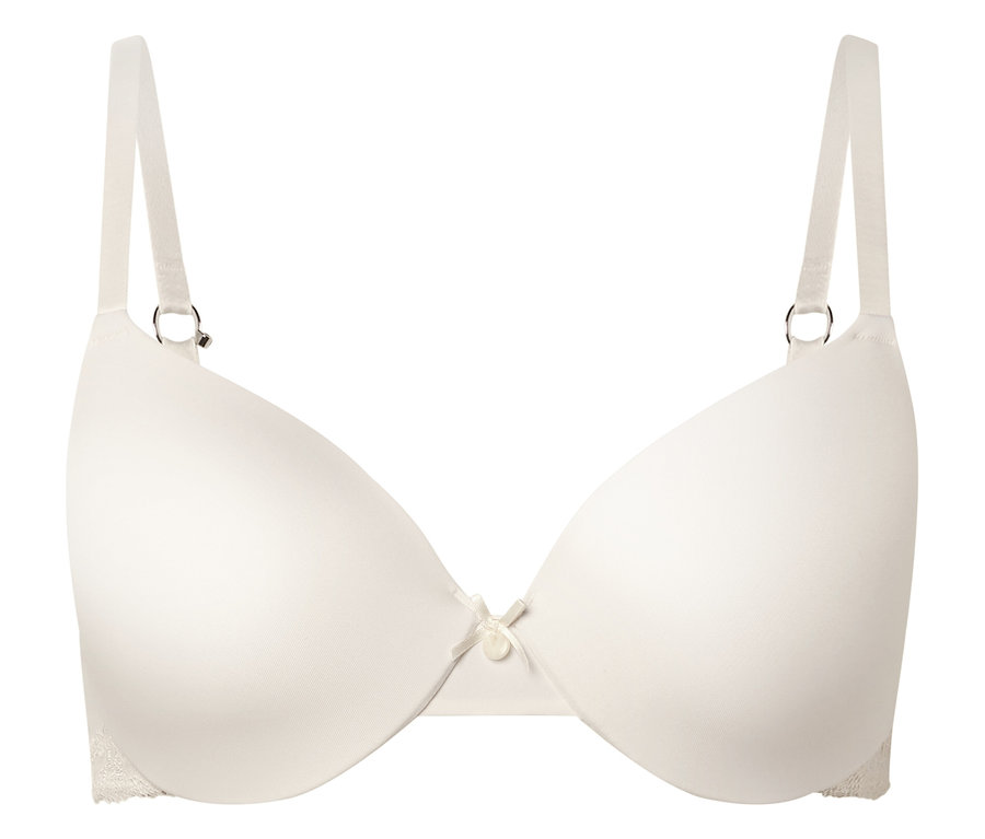 Biustonosz w kolorze kości słoniowej z fiszbinami i regulowanymi ramiączkami, wyśrodkowany na białym tle.