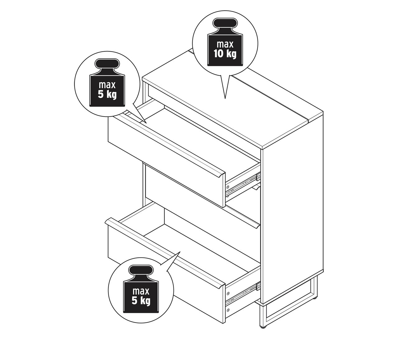 Ilustracja komody „LEEG” z 4 szufladami i lustrem, z których dwie są otwarte, wraz z informacjami o wadze.