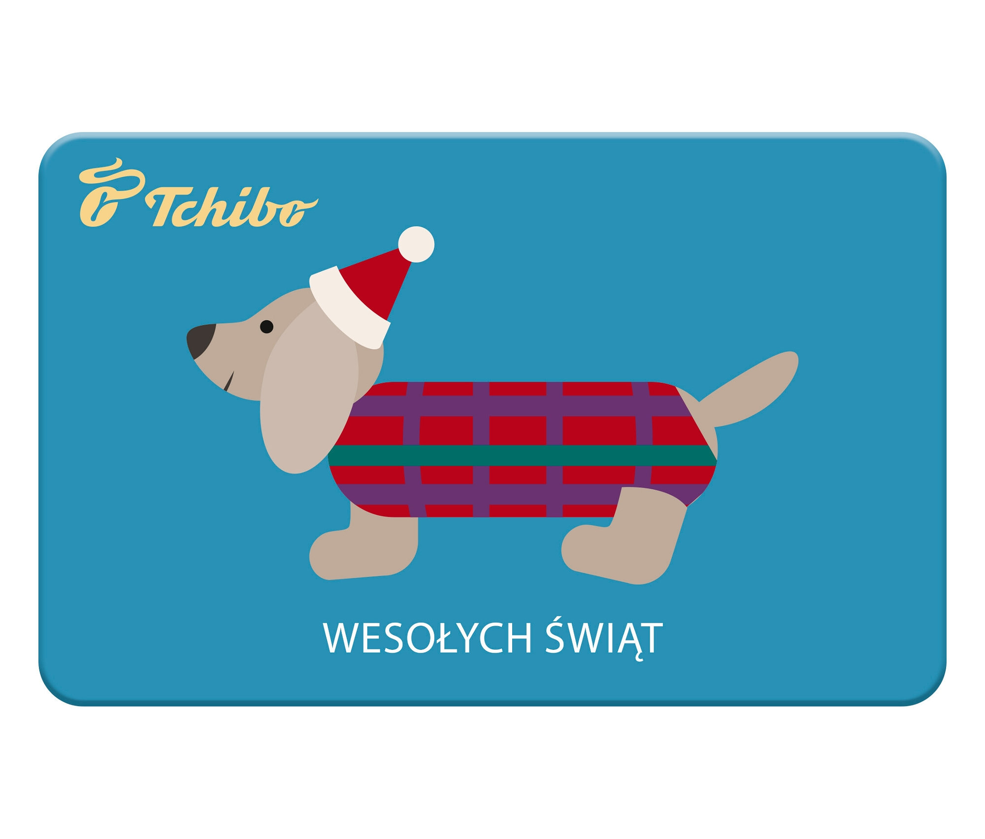 Ilustracja jamnika w czapce Mikołaja i w kratkę na niebieskim tle.