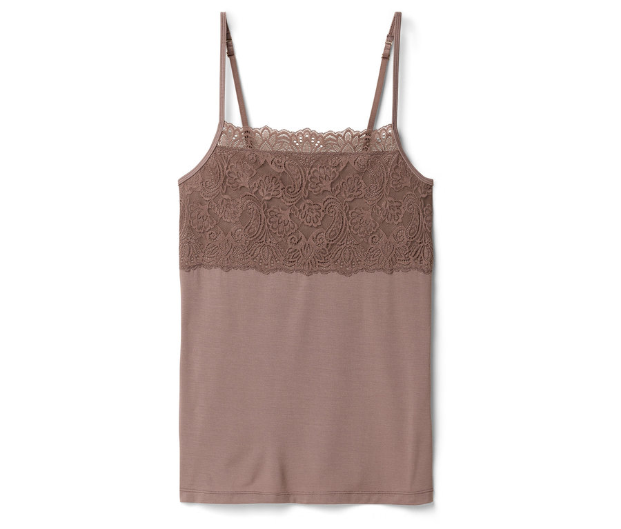 Top na ramiączkach z koronkowymi detalami na piersi.