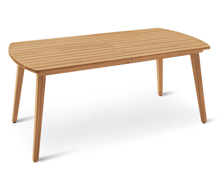 Prostokątny drewniany stół z zaokrąglonymi końcami i czterema nogami stoi na białym tle.