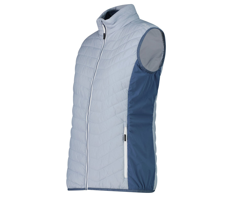 Jasnoniebieska kamizelka pikowana z zamkiem błyskawicznym i granatowymi wstawkami po bokach.