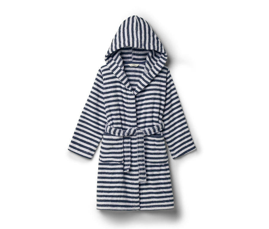 Pasiasty szlafrok z kapturem i paskiem.