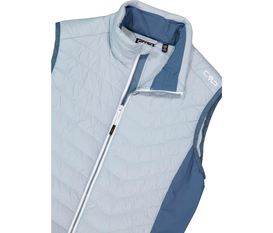 Jasnoniebieska kamizelka pikowana z niebieskim kołnierzem i zamkiem błyskawicznym.