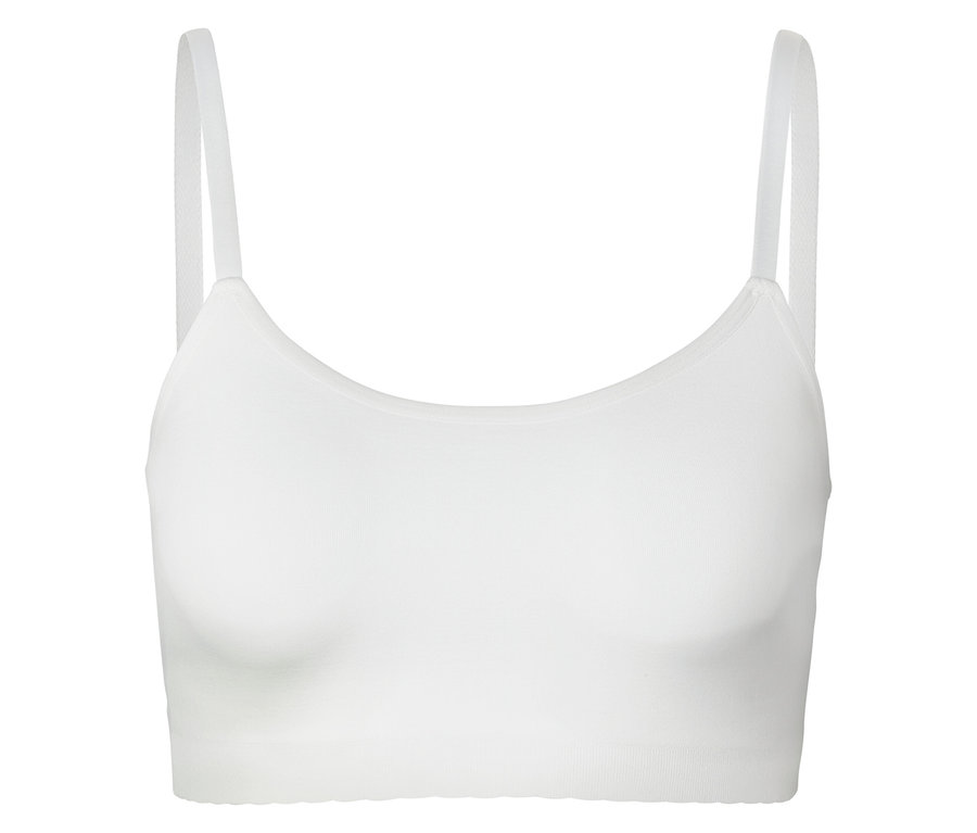Biały biustonosz typu bralette z cienkimi ramiączkami.