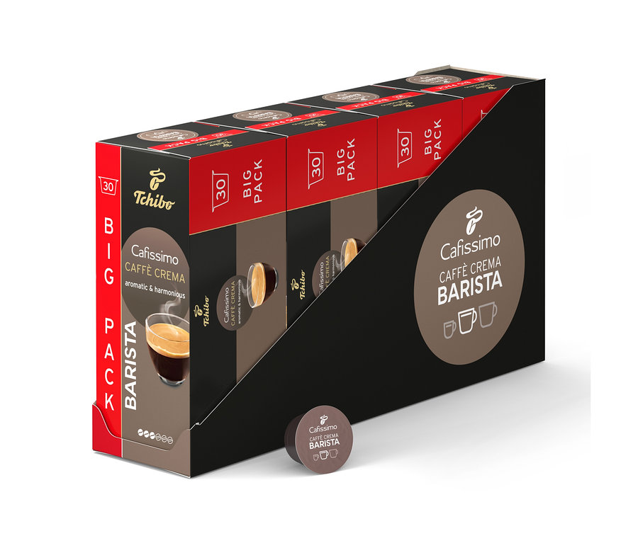 Kilka opakowań kapsułek do kawy Tchibo Cafissimo Caffe Crema Barista w czarnym uchwycie.