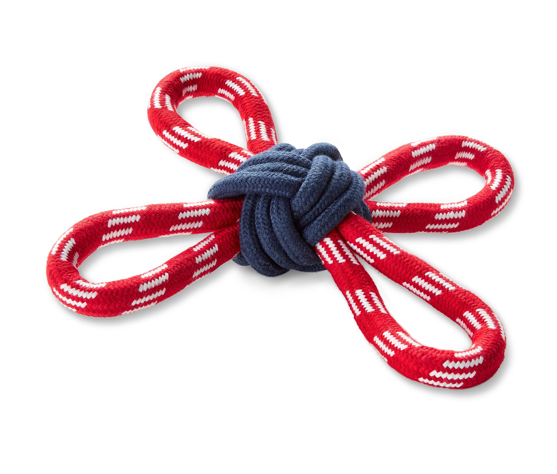 Zabawka dla psa z liny, czerwono-biała z niebieskim węzłem pośrodku.
