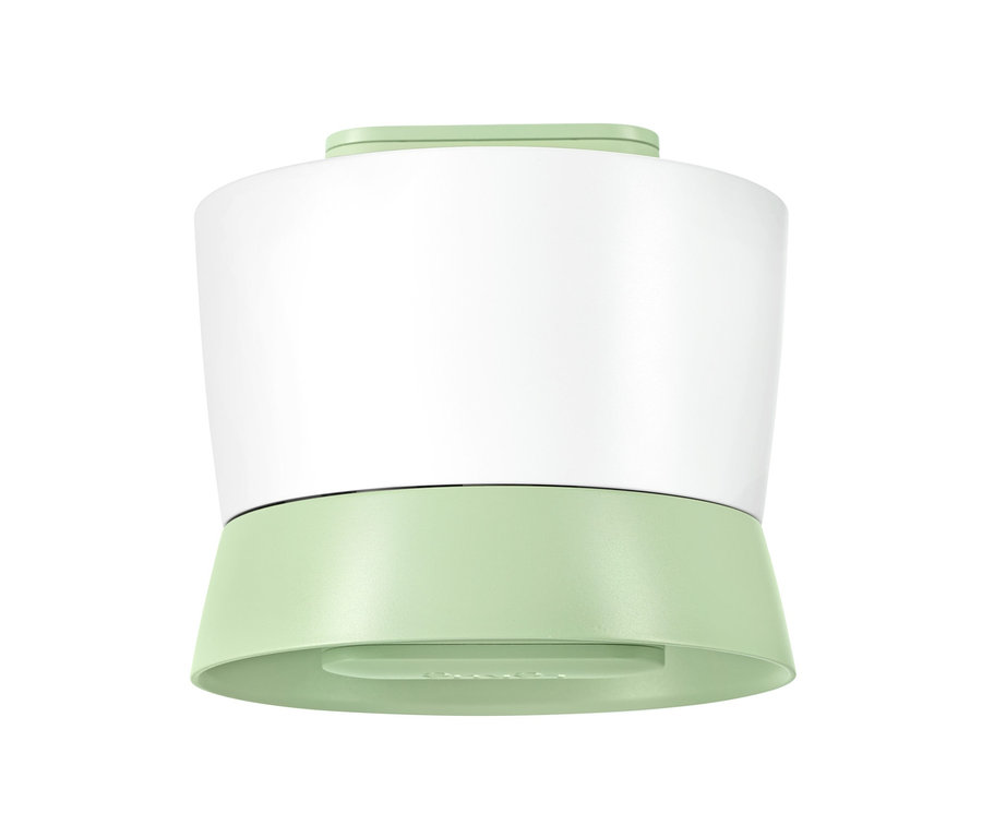 Biały rozdrabniacz do warzyw z limonkowo-zieloną podstawą.