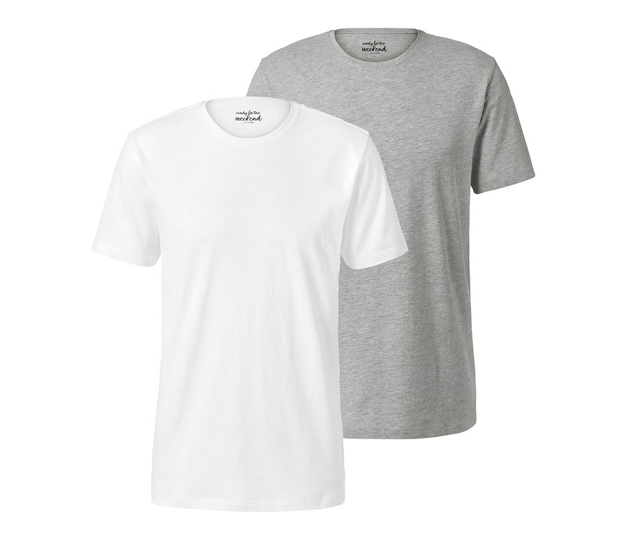 Dwie koszulki z okrągłym wycięciem pod szyją, biała i szara, leżą obok siebie.