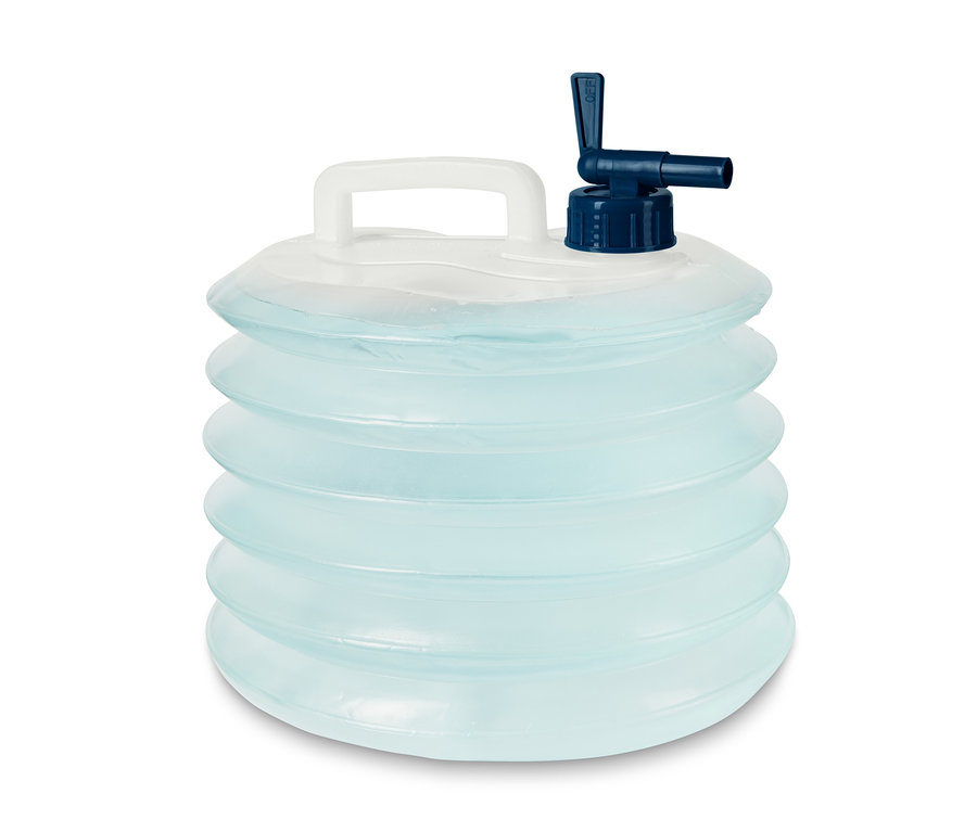 Składany kanister na wodę z niebieskim kranikiem i białym uchwytem.