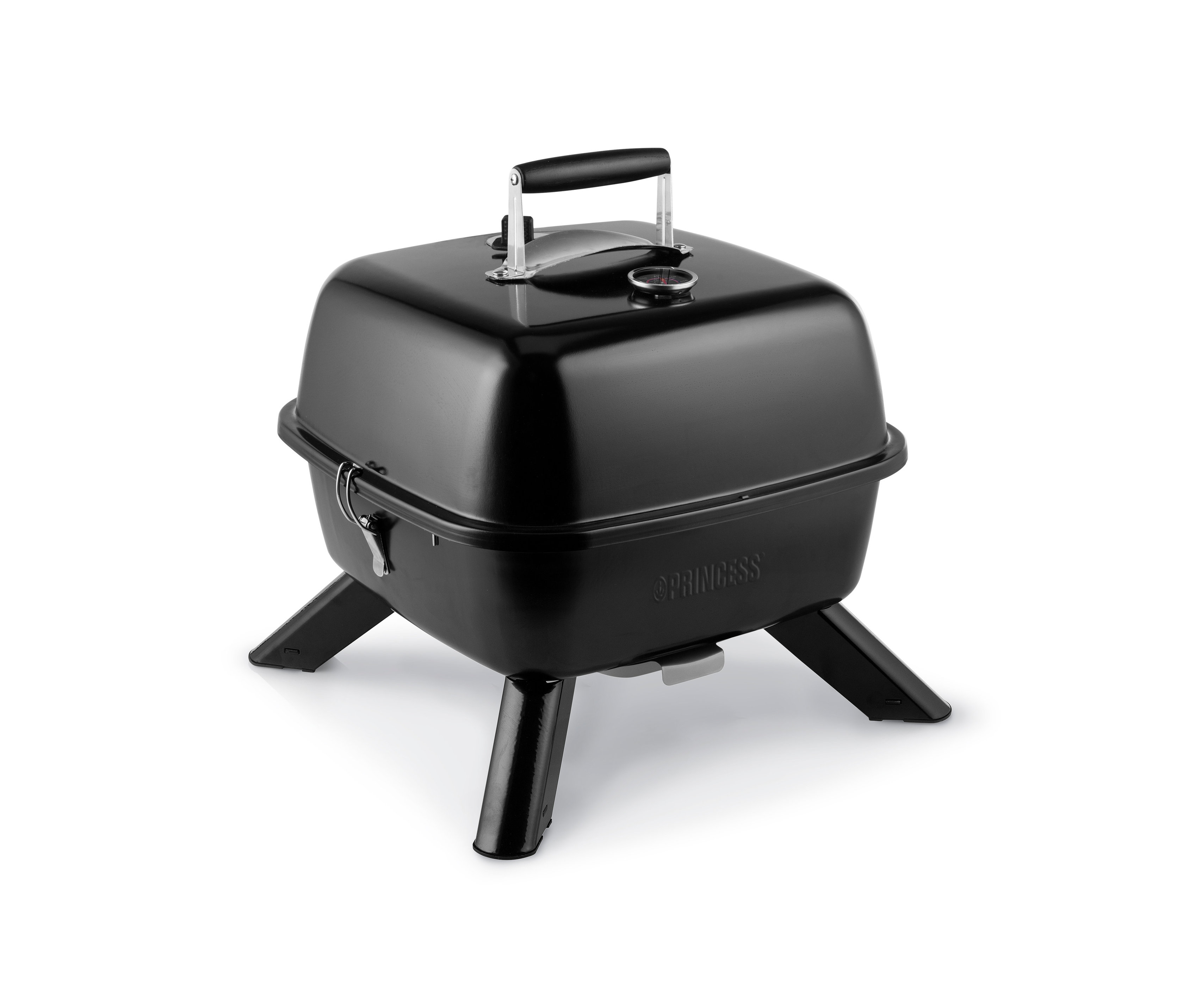 Czarny przenośny grill hybrydowy Princess na białym tle.