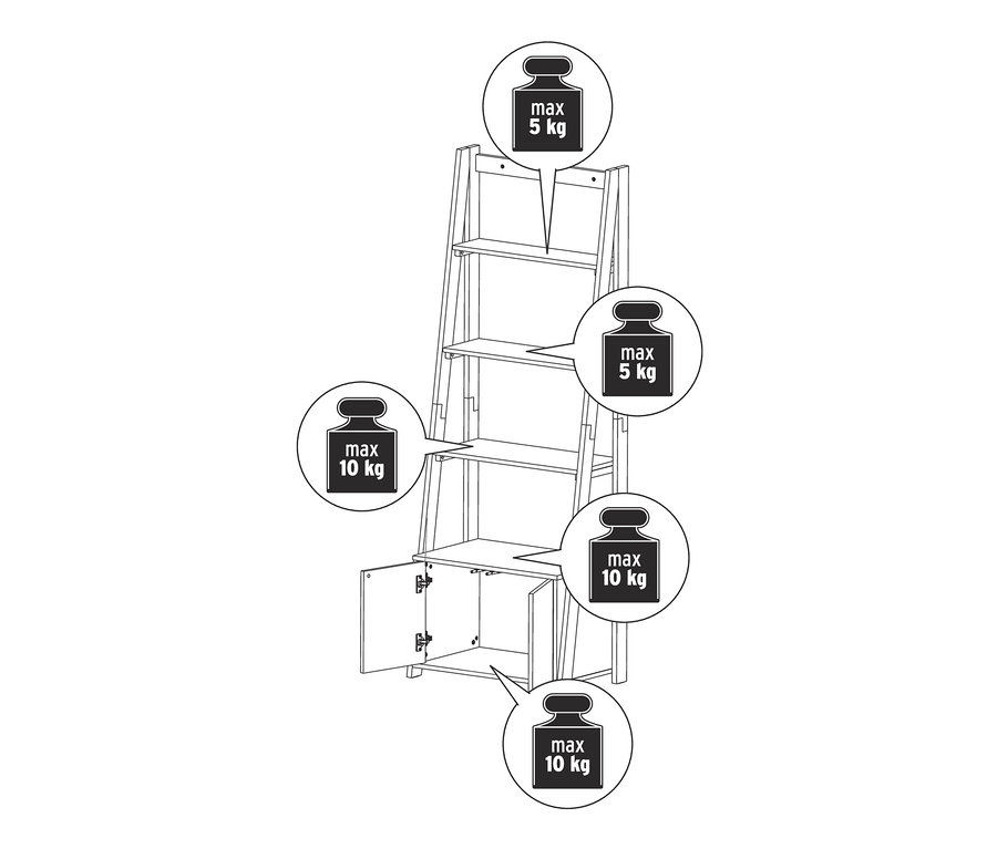 Półka-drabina z zamykaną szafką, maksymalny udźwig górnych półek wynosi 5 kg, a dolnych półek i szafki 10 kg.