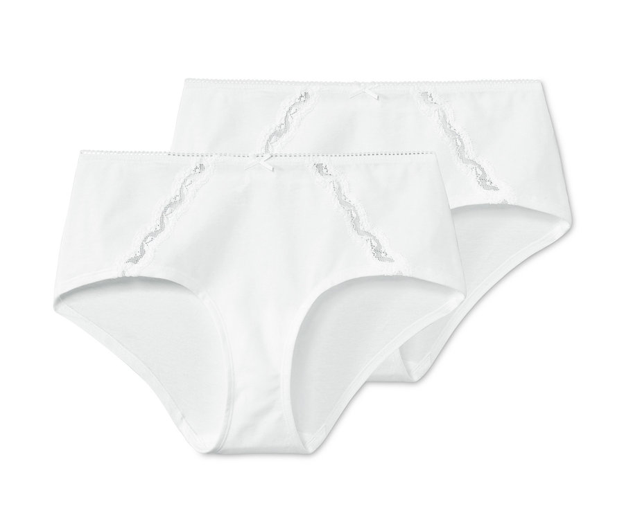 Dwie pary białych fig typu panty, 2 pary, z koronką leżą na sobie.
