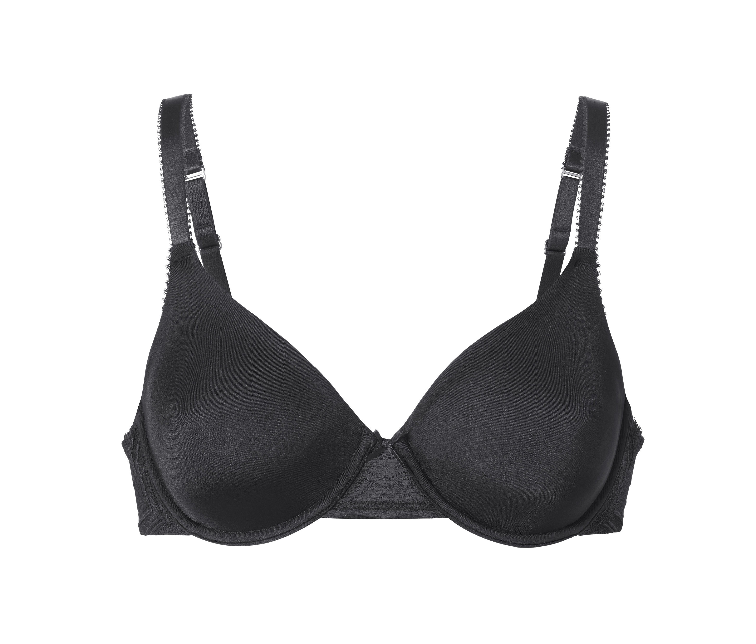 Czarny biustonosz z fiszbinami na białym tle.