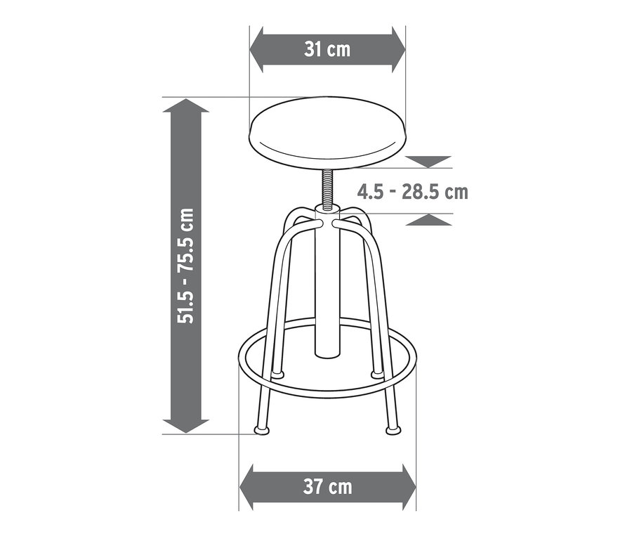 Ilustracja stołka barowego z regulacją wysokości i wymiarami.