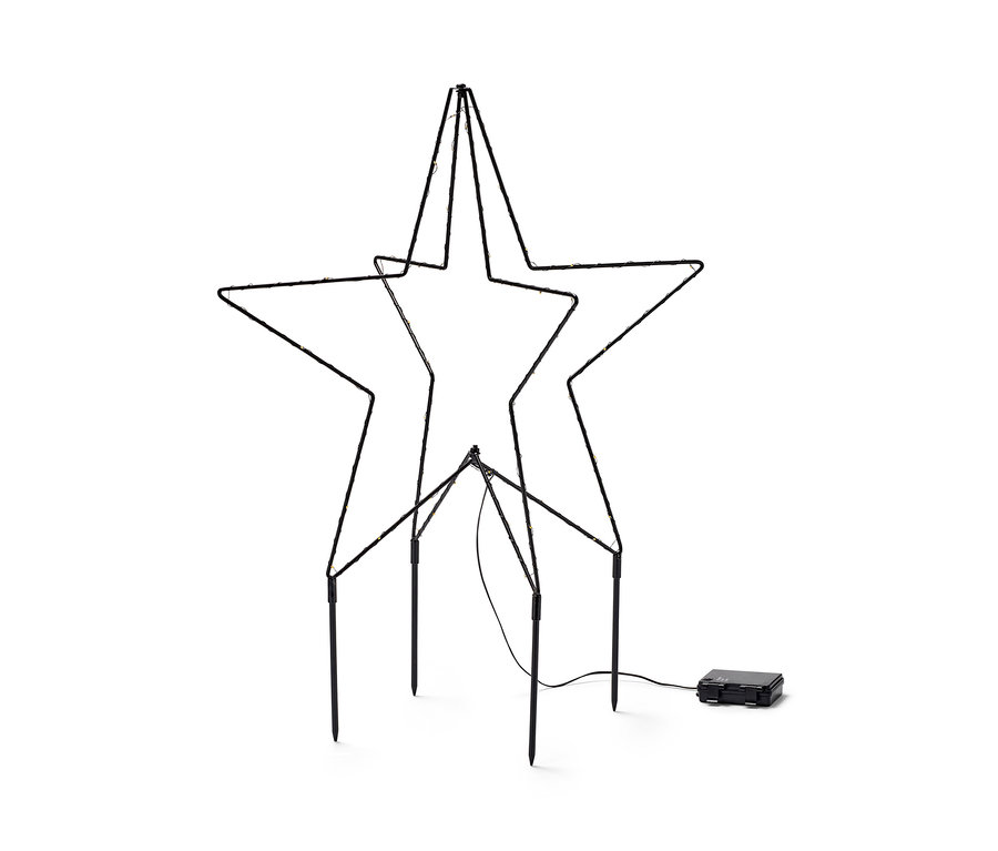 Metalowa gwiazda LED do użytku na zewnątrz stoi na białym tle.