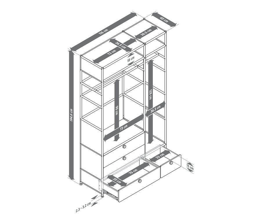 Rysunek metalowej komody „CN3” z 2 drążkami na ubrania i 4 szufladami z podanymi wymiarami.