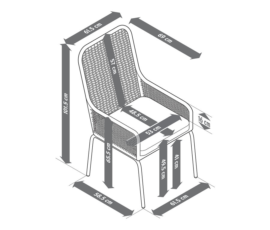 Wymiary krzesła ogrodowego z wysokim oparciem z plecionką tekstylną.