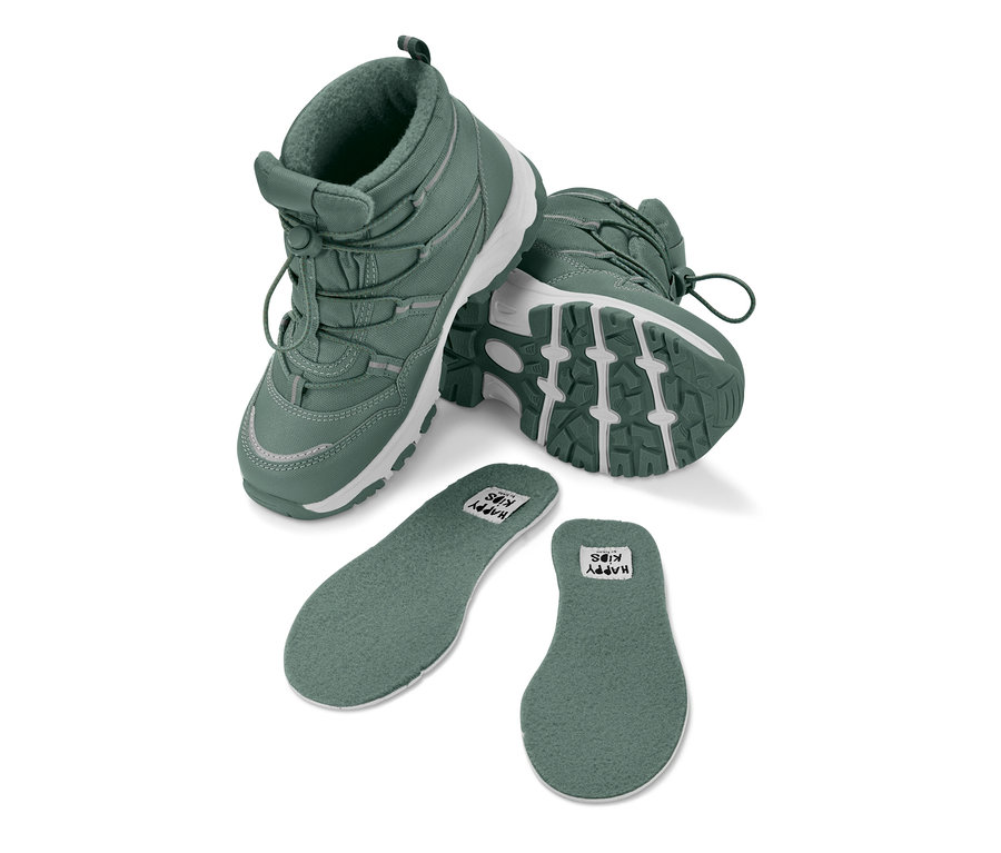 Zielone dziecięce buty termiczne i wkładki do butów.