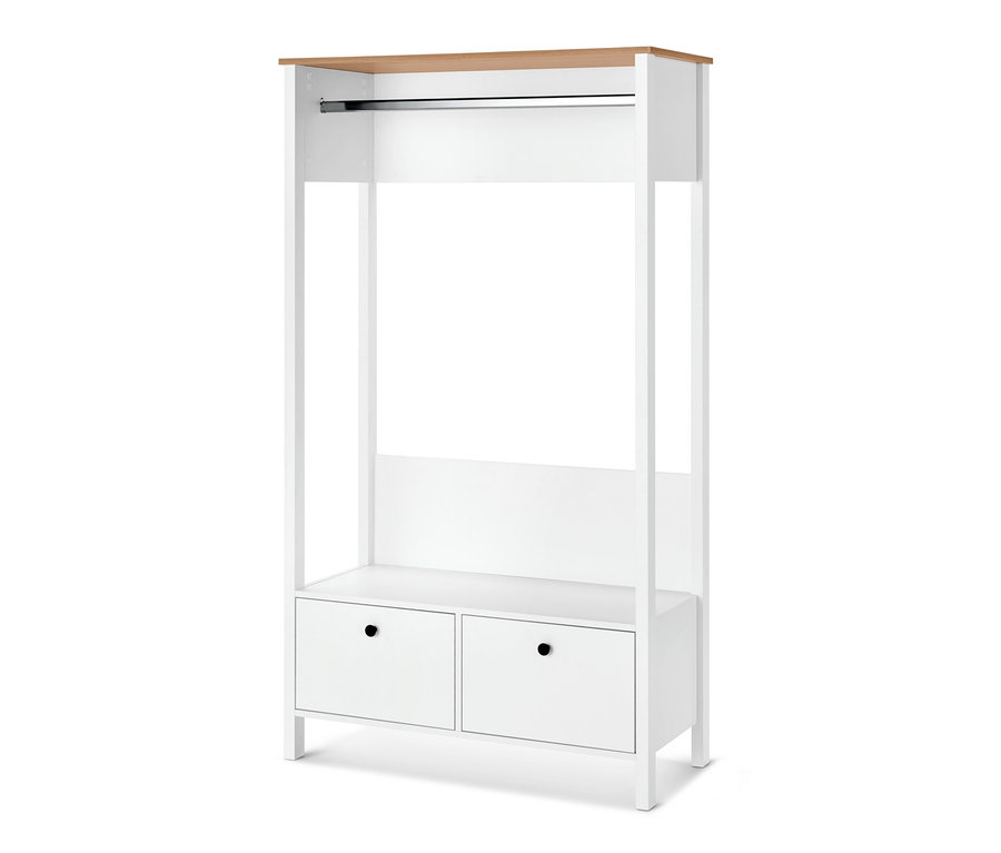 Biała garderoba z dużymi szufladami i drewnianym blatem.