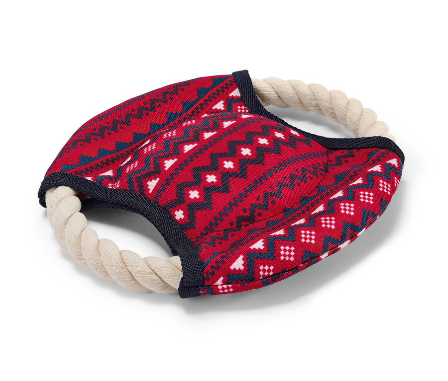 Czerwona zabawka dla psa z liny ze wzorem