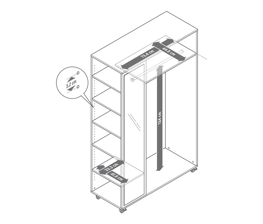 Szkic wieszaka na kółkach z szafą i lustrem z wymiarami.