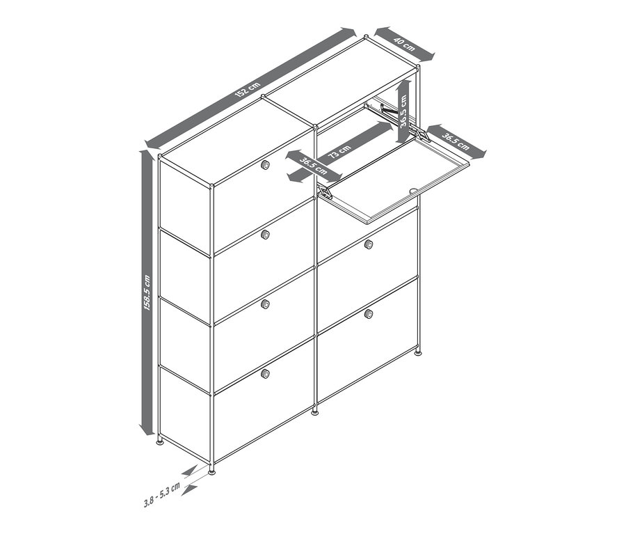 Rysunek szafki typu highboard »CN3« z ośmioma klapami, jedna klapa jest otwarta.