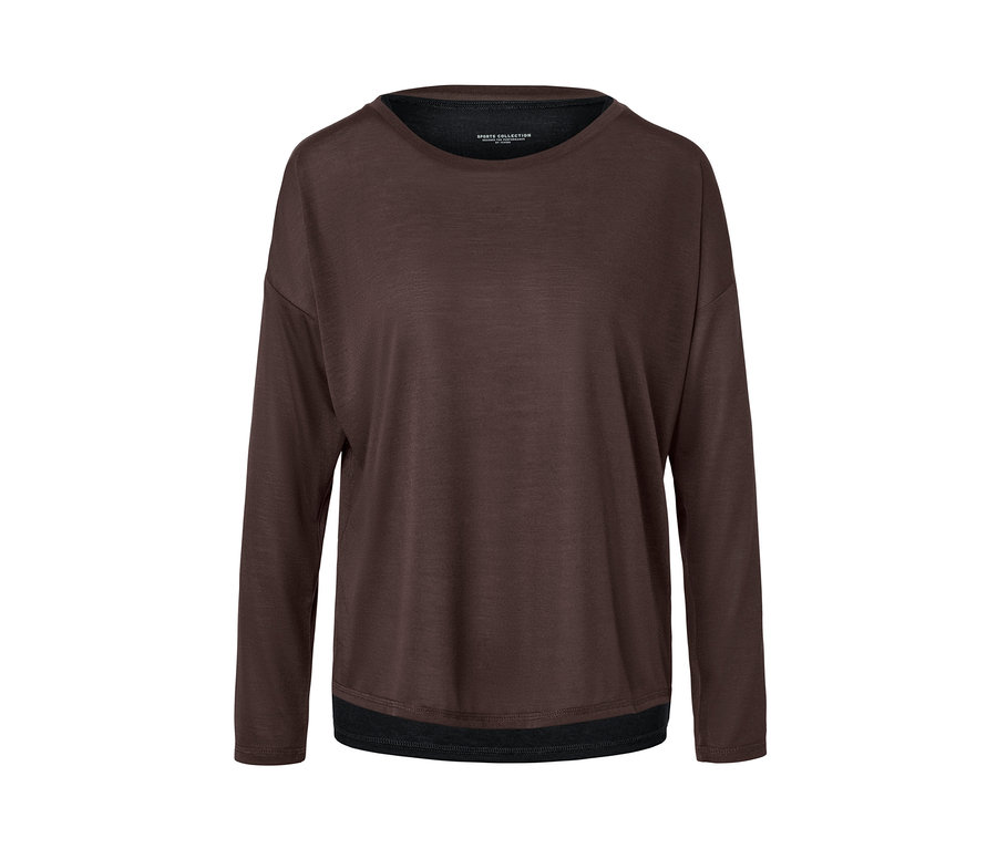 Brązowa koszulka sportowa 2 w 1 z długimi rękawami.