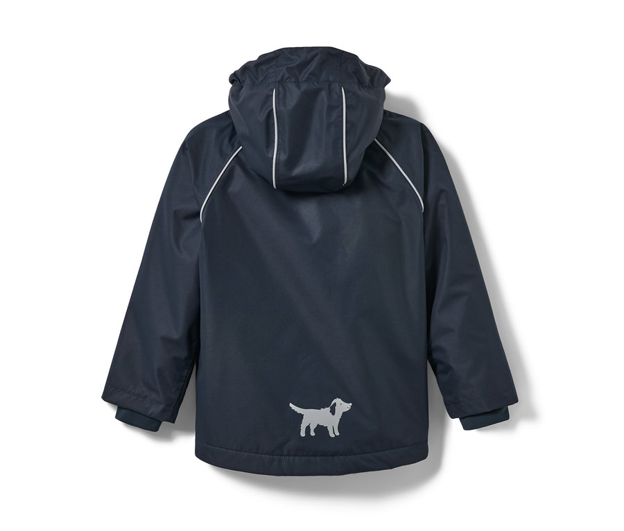 Granatowa przeciwdeszczowa kurtka termoaktywna dziecięca z kapturem i nadrukiem psa.