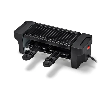 Czarny grill do raclette dla dwóch osób z powłoką nieprzywierającą i dwoma patelniami.