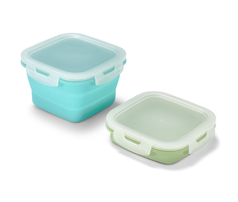 Dwa pojemniki spożywcze, jeden turkusowy i jeden jasnozielony.