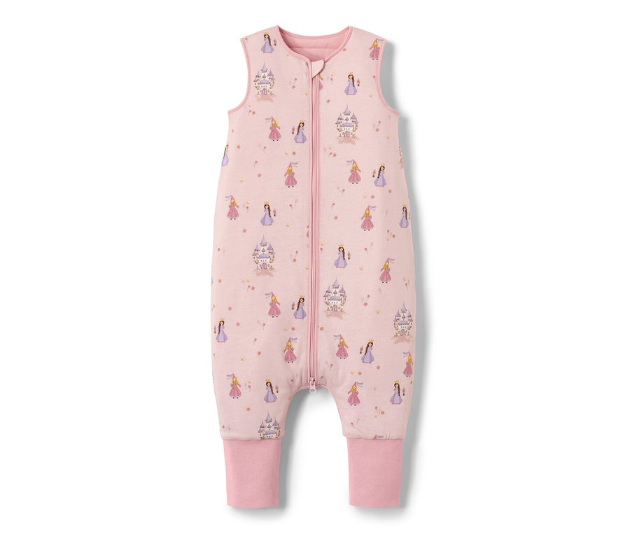 Różowy śpiwór z nogawkami, 2,5 TOG, ok. 110 cm, z nadrukiem księżniczek i zamków.