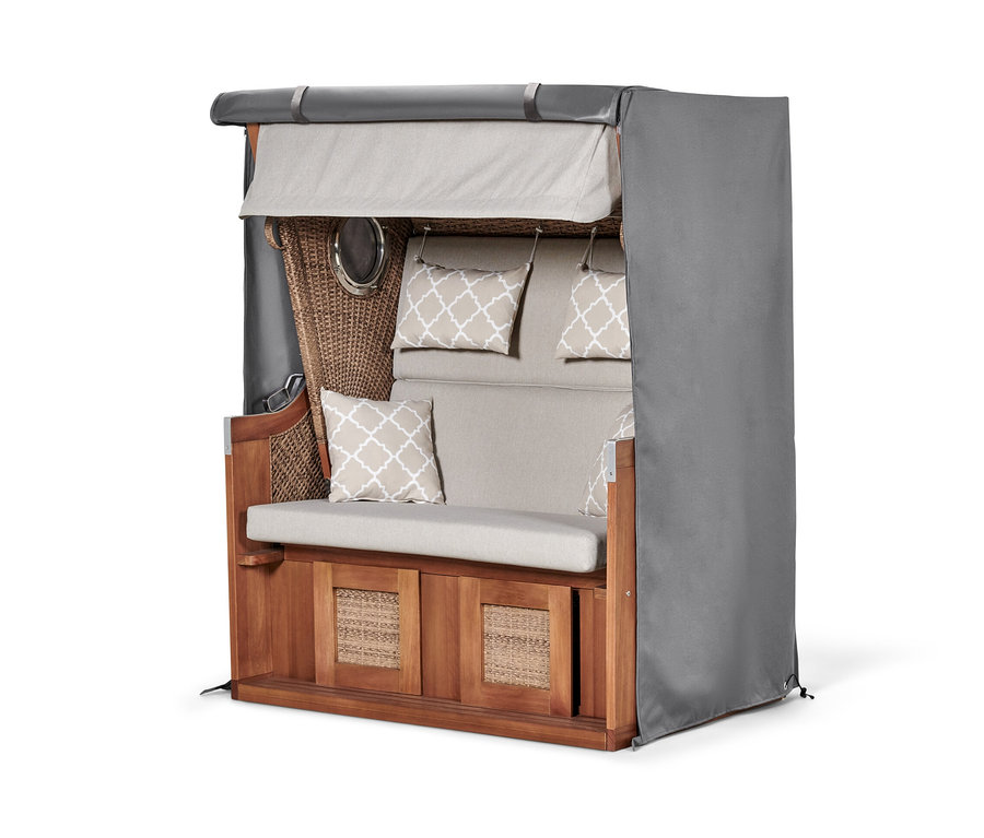 Brązowy kosz plażowy XL z beżowymi poduszkami i szarą osłoną premium.