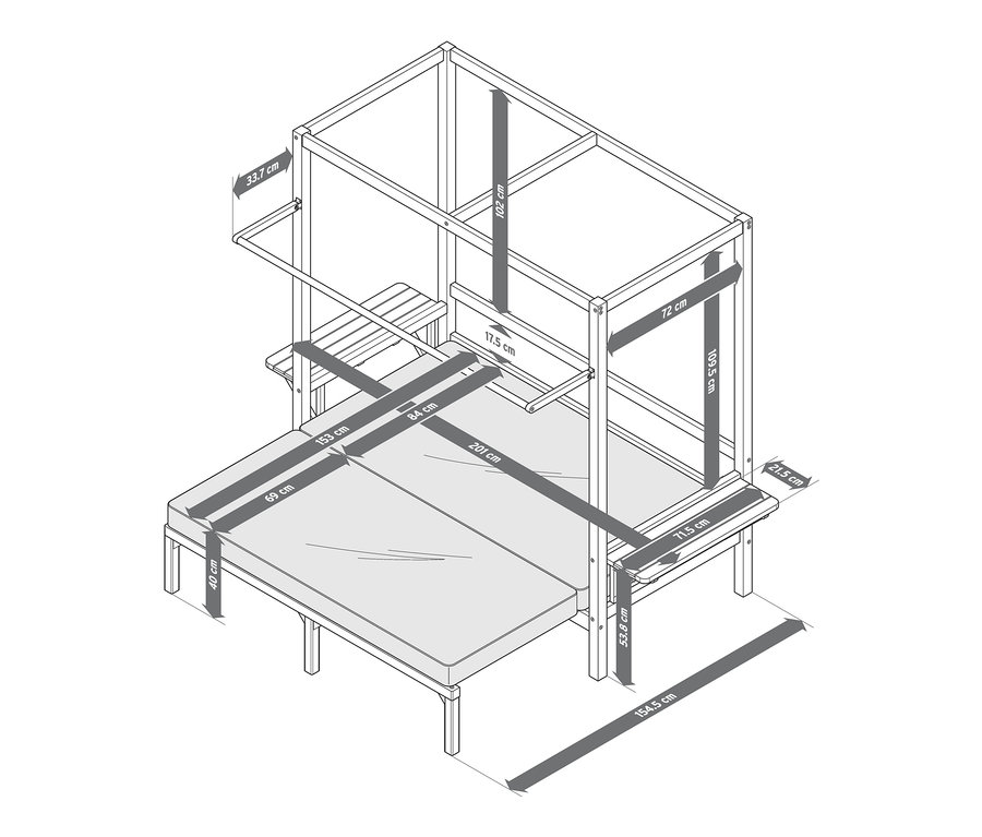 Schematyczny rysunek kosza plażowego „Tinus” z wysuwanym podnóżkiem wraz z wymiarami.