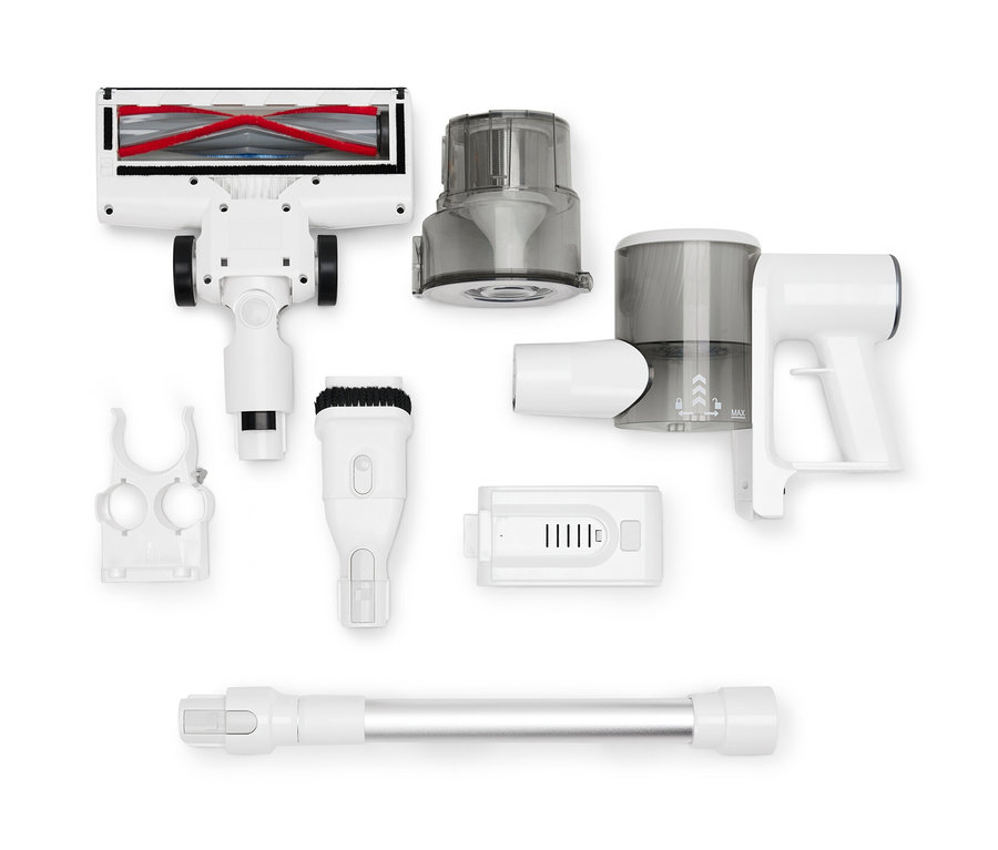 Rozłożony profesjonalny odkurzacz bezprzewodowy z różnymi akcesoriami na białym tle.