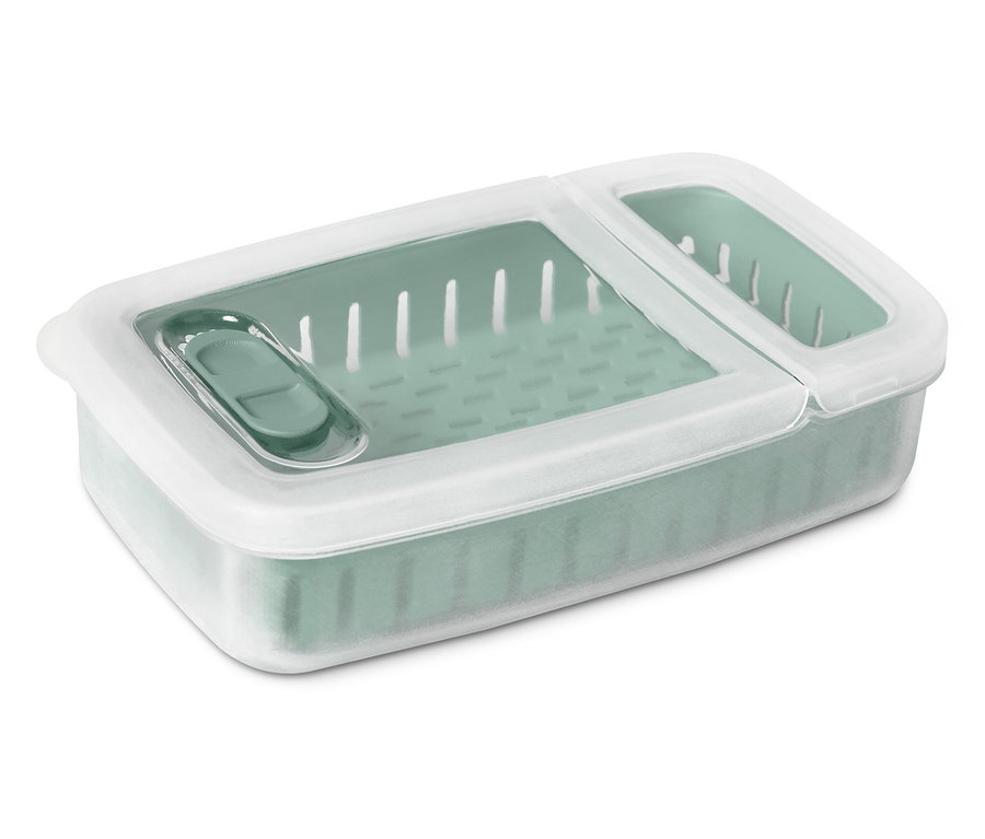 Zielony pojemnik na żywność z białą pokrywką.