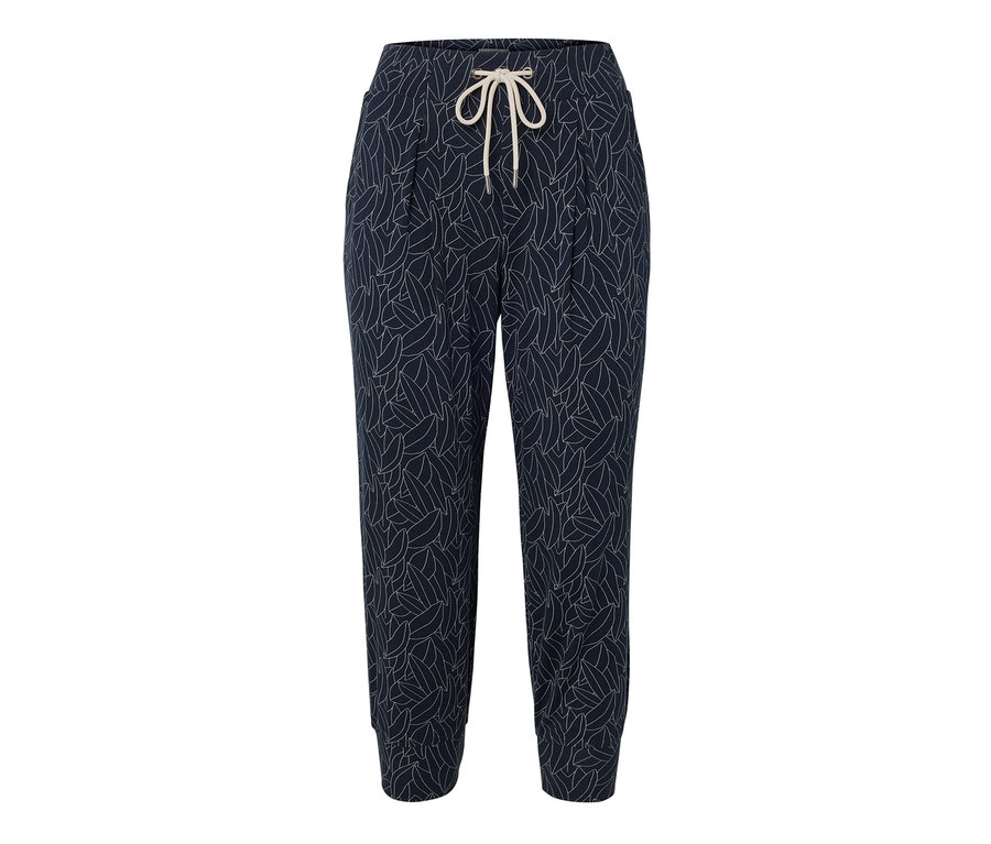 Niebiesko-kremowe spodnie dżersejowe o długości 3/4 z wzorem w liście i sznurkiem.