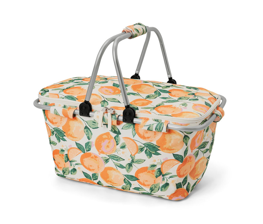 Koszyk termiczny we wzór pomarańczy ze srebrną rączką.