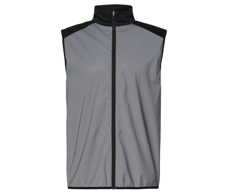 Szara kamizelka z czarnym zamkiem błyskawicznym pośrodku.