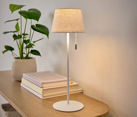 Lampa stołowa z beżowym abażurem stoi na drewnianym stole obok rośliny doniczkowej i stosu książek.