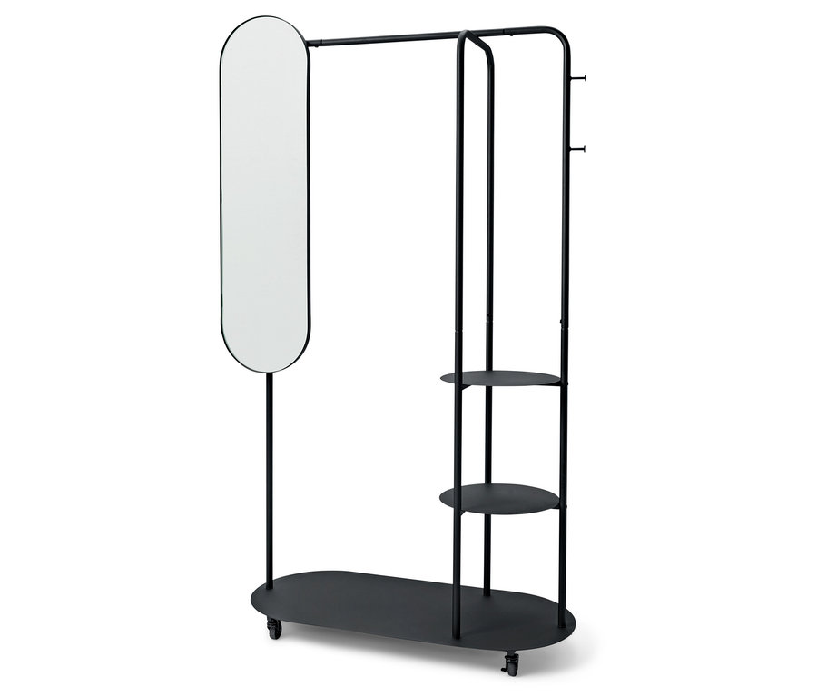 Czarny wieszak na ubrania z owalnym lustrem i półkami.