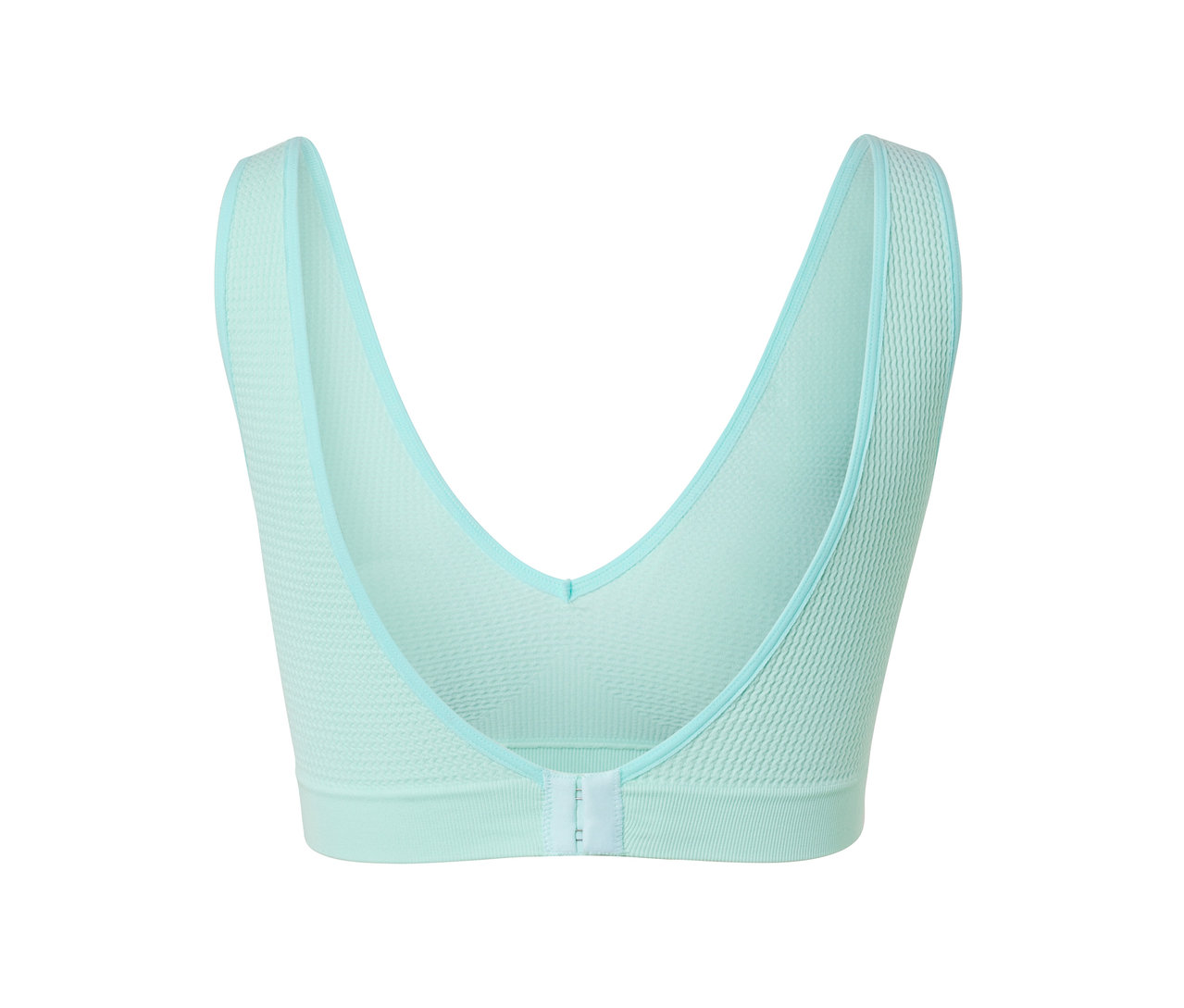 Szczegółowy widok jasnoniebieskiego, bezszwowego biustonosza z fakturą.